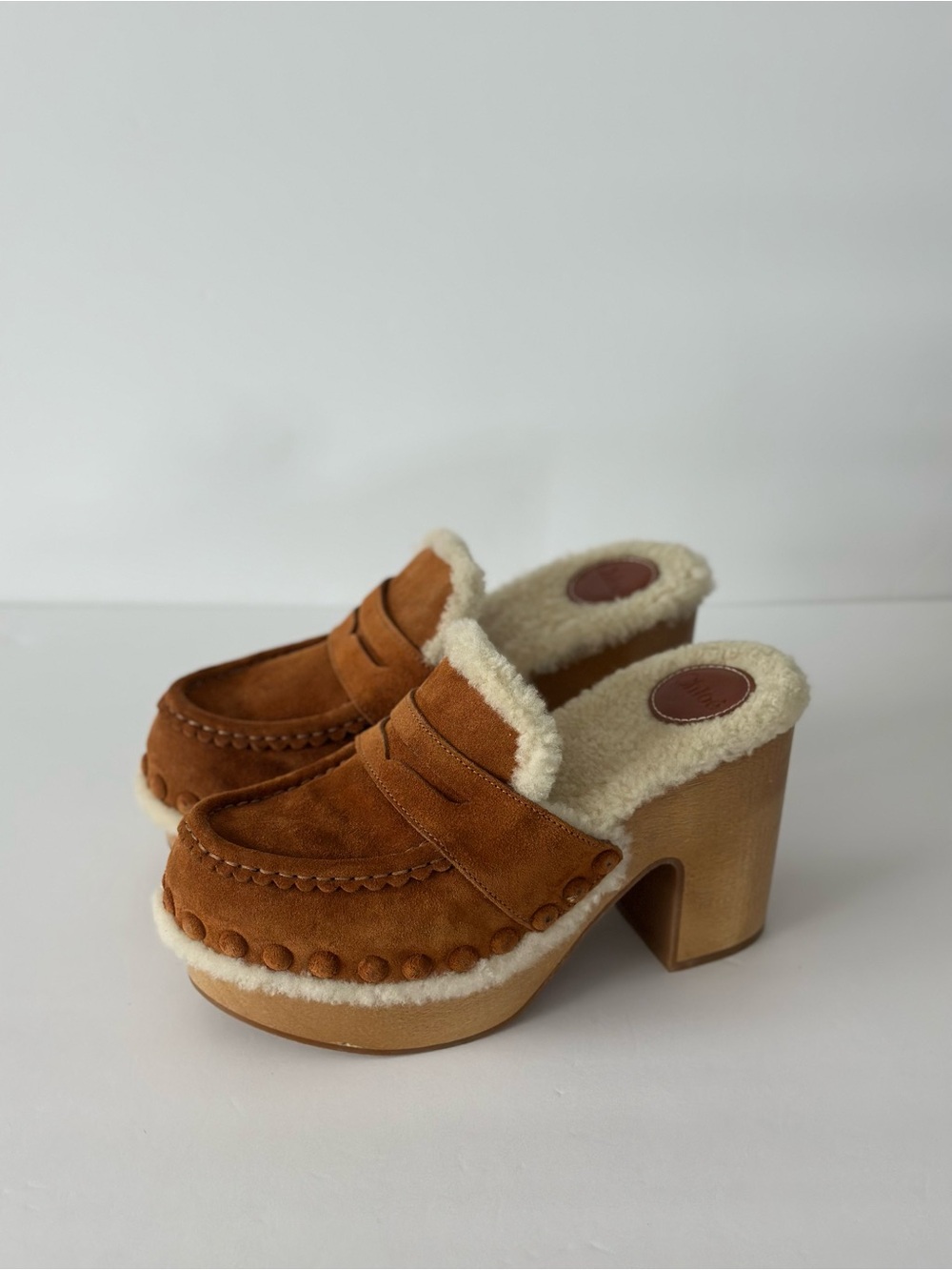 Chloé Shearling Wooden Platform Mule Clogs Brown Suede Size 38 Italy